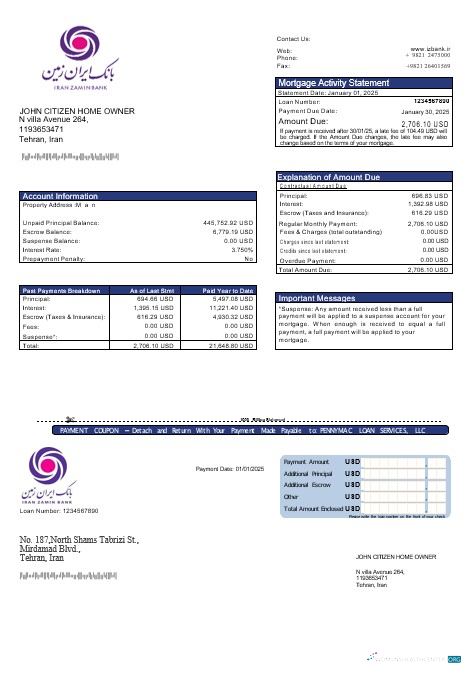 Download Iran Zamin bank mortgage statement in Word and PDF formats Photoshop template